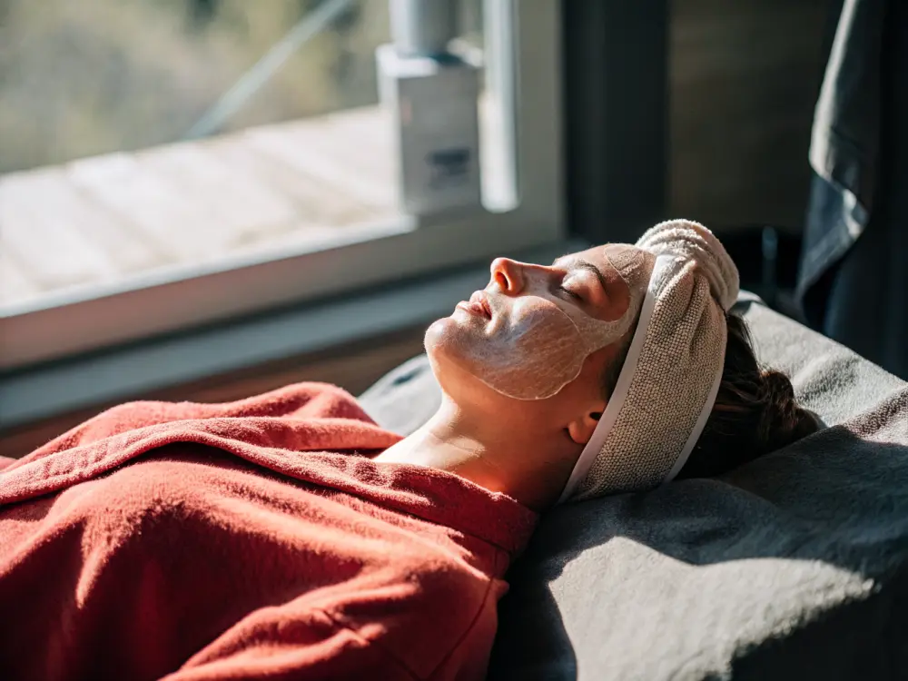 A guest relaxing during a calm medical facial at Halcyon
