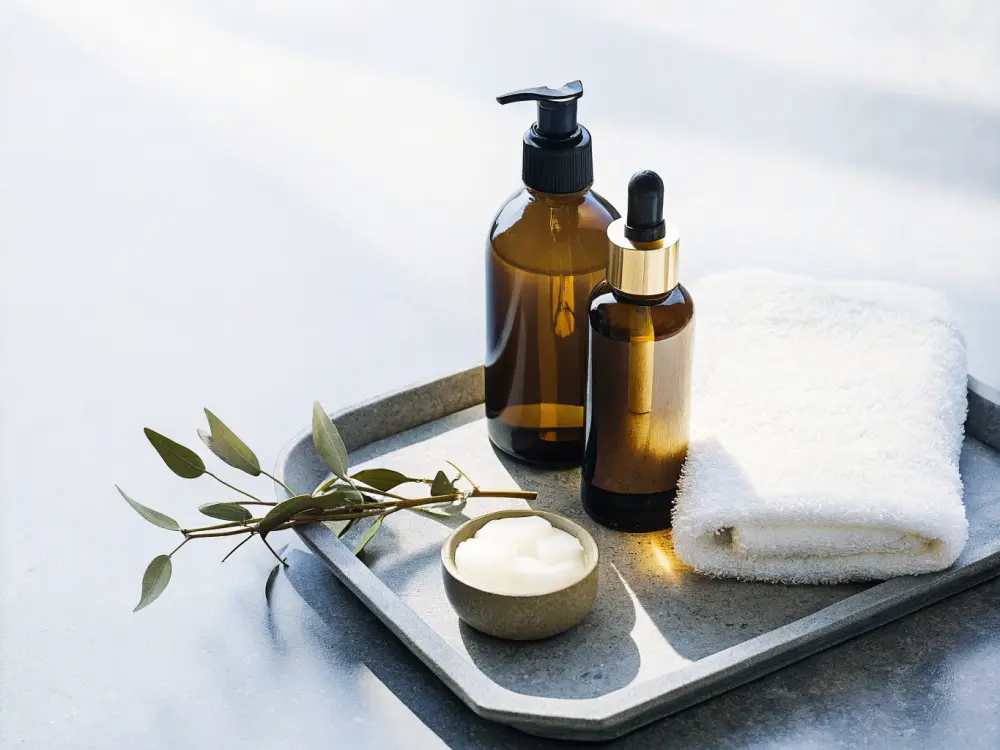 A soft still life of skincare on a stone tray
